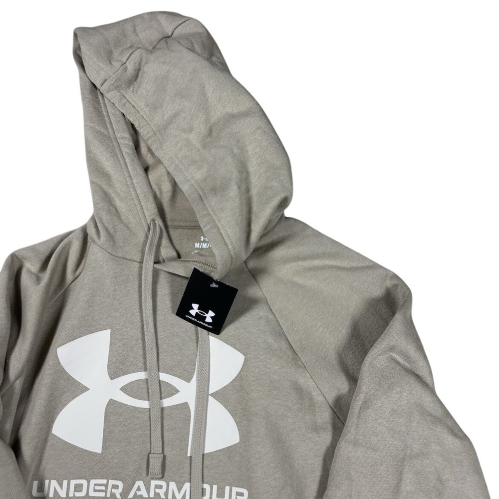 NWT Under Armour Mens Rival Terry Hoodie Tan Khaki Logo Sweatshirt Medium